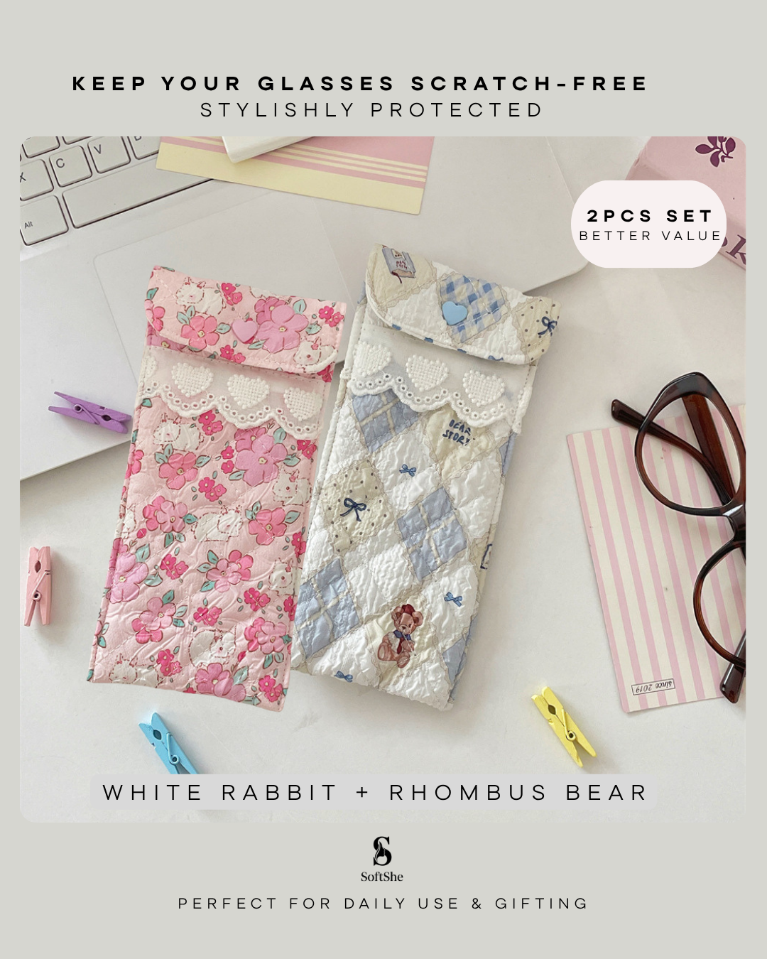Quilted Eyeglasses Case for Women & Girls