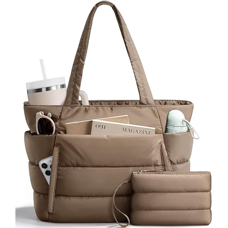Large Quilted Puffer Tote Bag for Women with Matching Makeup Pouch – 15.6″ Laptop Sleeve, 20L Capacity & Multi-Pocket Design