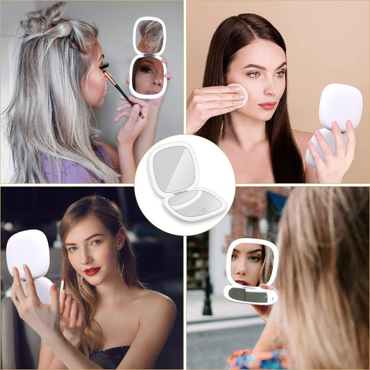 Portable Mini LED Light Makeup Mirror (Square Shape,2 sides Light,3X Mirror)