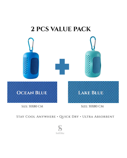 2 Pieces Summer Ice-Feel Microfiber Cooling Towel  Set with Silicon Cover & Clip