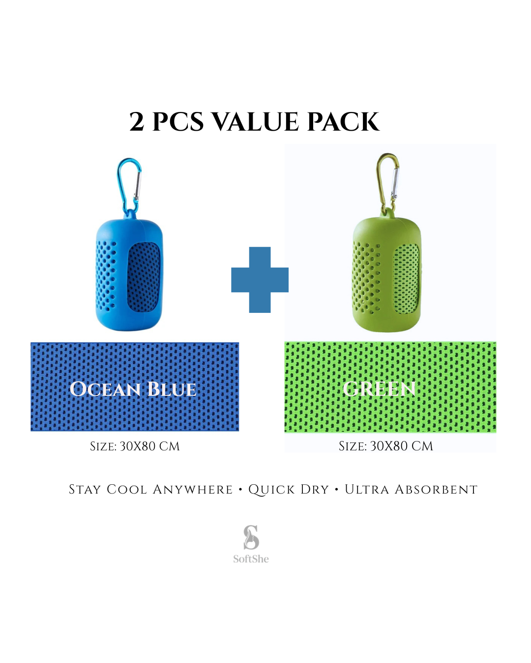 2 Pieces Summer Ice-Feel Microfiber Cooling Towel  Set with Silicon Cover & Clip