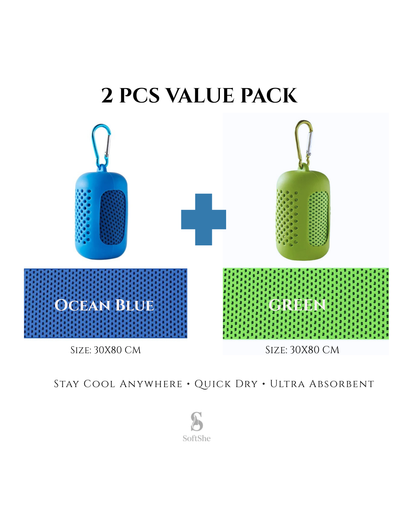 2 Pieces Summer Ice-Feel Microfiber Cooling Towel  Set with Silicon Cover & Clip