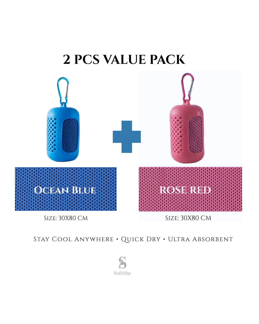 2 Pieces Summer Ice-Feel Microfiber Cooling Towel  Set with Silicon Cover & Clip