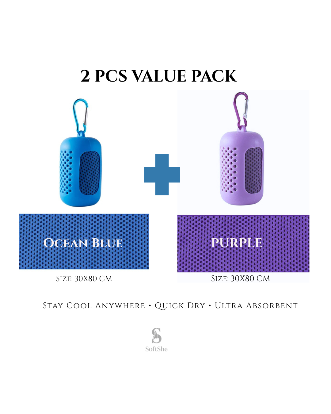 2 Pieces Summer Ice-Feel Microfiber Cooling Towel  Set with Silicon Cover & Clip