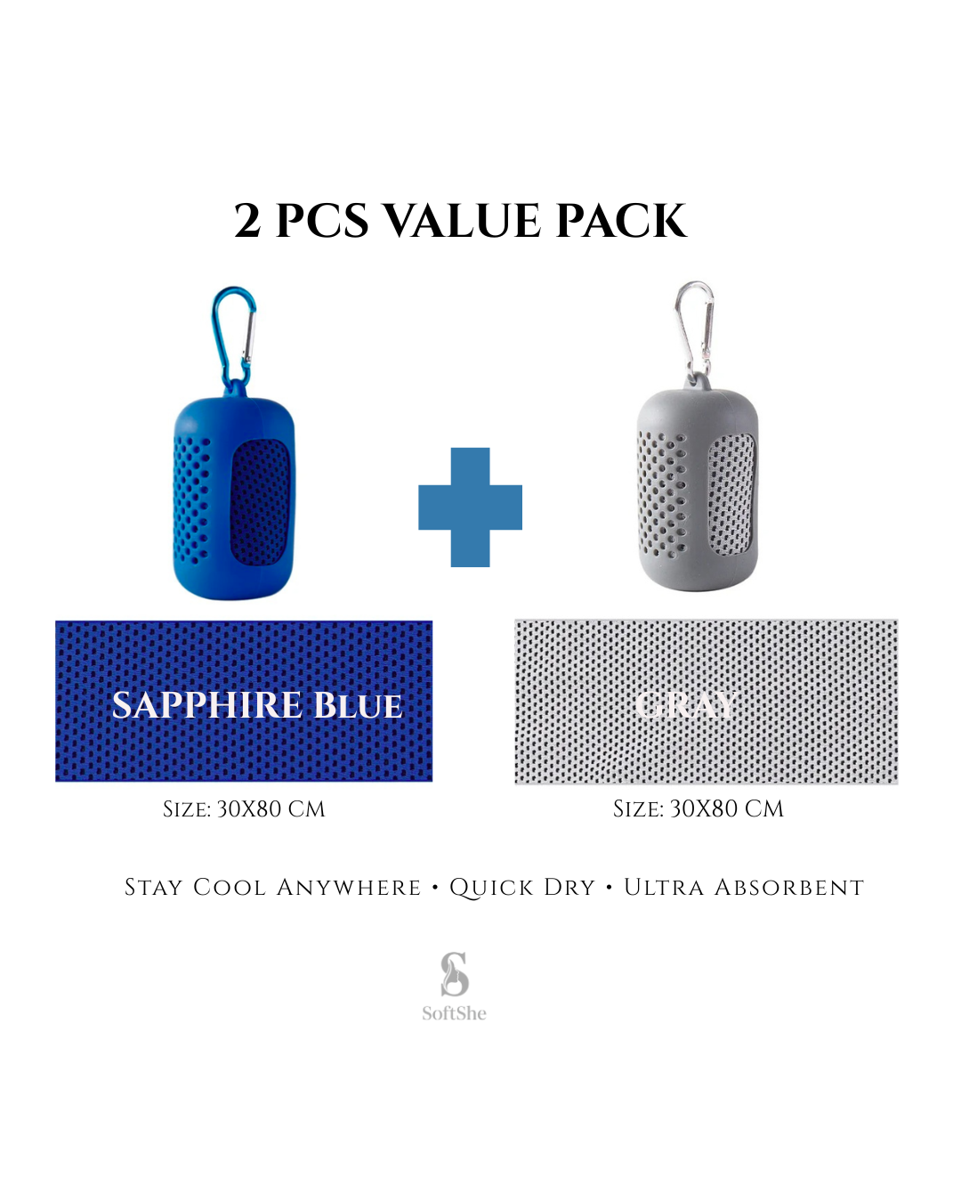 2 Pieces Summer Ice-Feel Microfiber Cooling Towel  Set with Silicon Cover & Clip