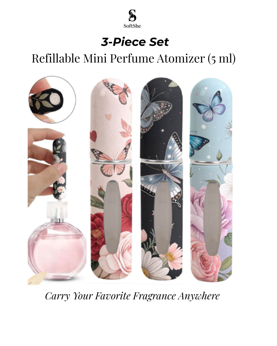 Cute & Elegant Mini Perfume Atomizer Floral Trio – 3 Pieces (5ml Each)