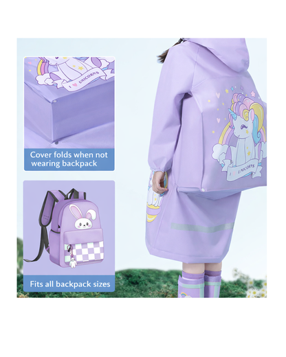 Premium Kids Waterproof Raincoat with Backpack Cover & Reflective Safety – Hooded Cartoon Design for Children