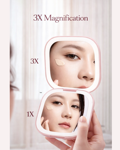 Portable Mini LED Light Makeup Mirror (Square Shape,2 sides Light,3X Mirror)