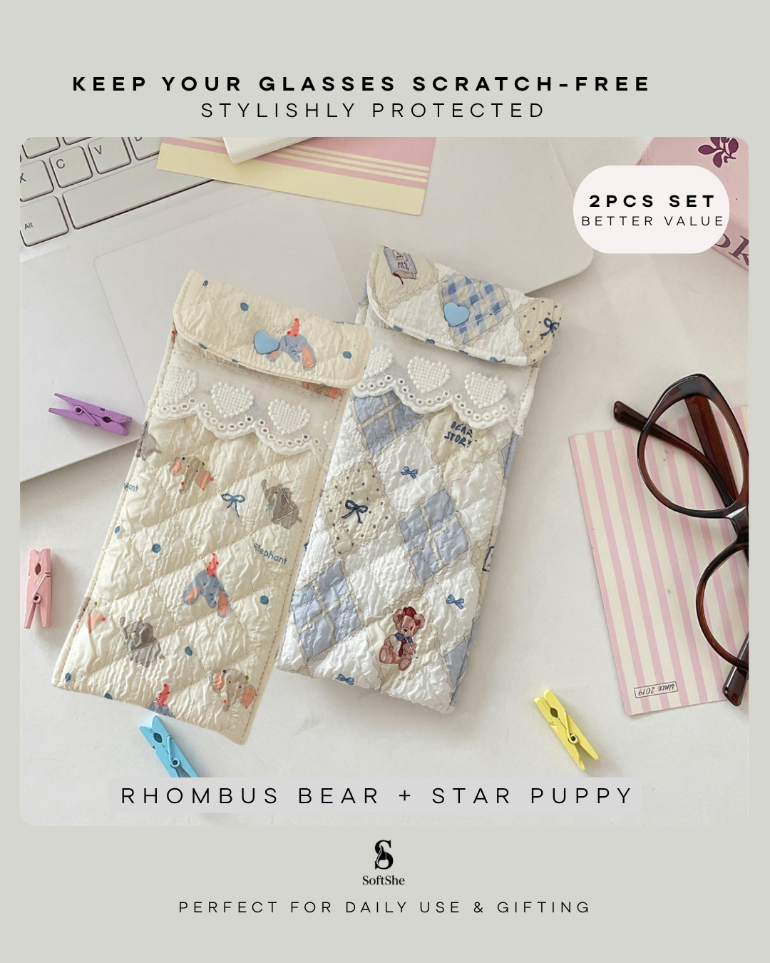 Quilted Eyeglasses Case for Women & Girls