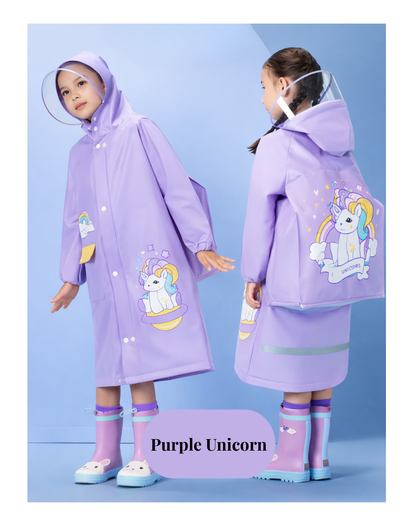 Premium Kids Waterproof Raincoat with Backpack Cover & Reflective Safety – Hooded Cartoon Design for Children