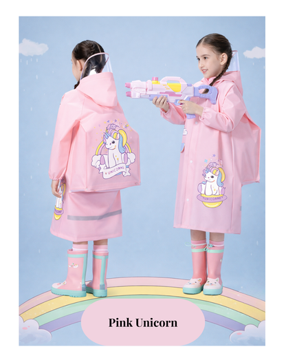 Premium Kids Waterproof Raincoat with Backpack Cover & Reflective Safety – Hooded Cartoon Design for Children