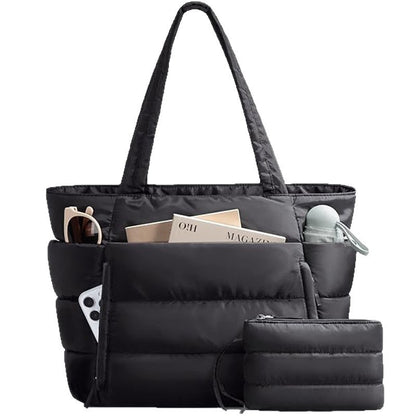 Large Quilted Puffer Tote Bag for Women with Matching Makeup Pouch – 15.6″ Laptop Sleeve, 20L Capacity & Multi-Pocket Design