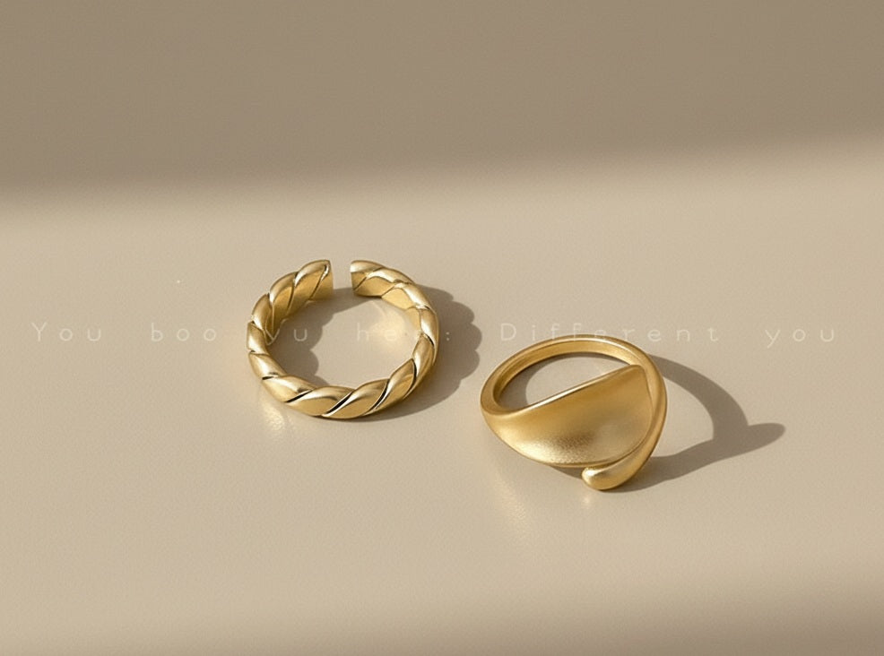 Retro Minimalist Open Gold Ring (2-Piece Set)