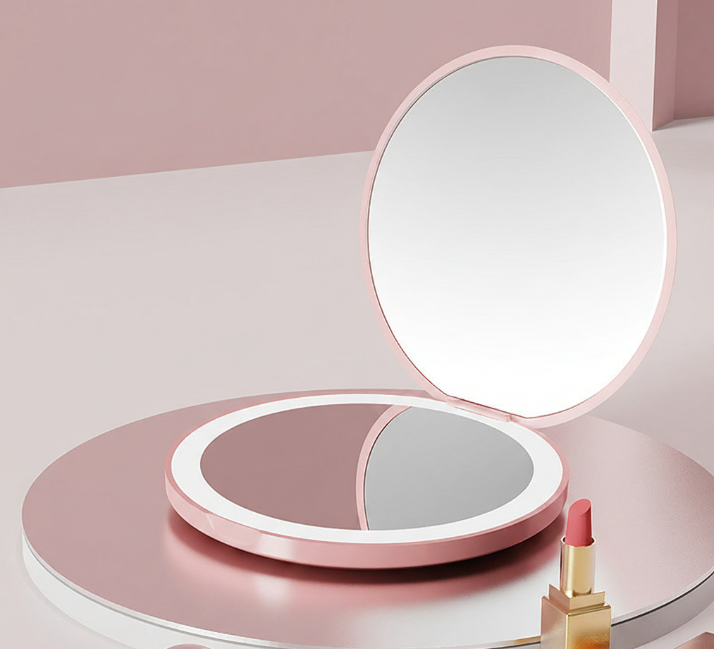 Portable Mini LED Light Makeup Mirror (Round Shape,1 side Light,2X Mirror)