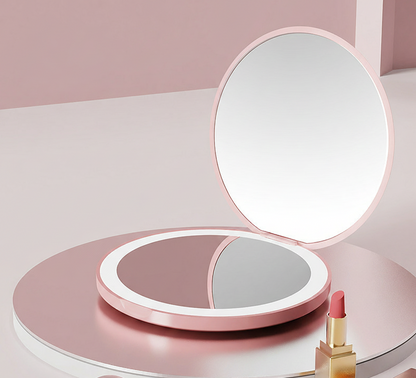 Portable Mini LED Light Makeup Mirror (Round Shape,1 side Light,2X Mirror)