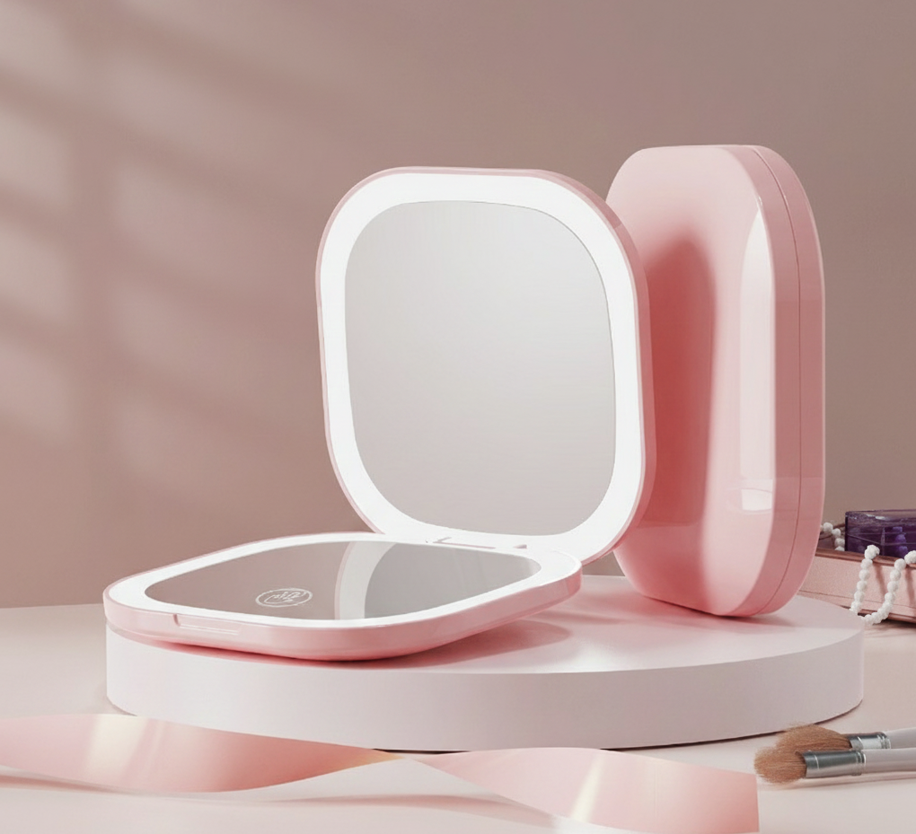 Portable Mini LED Light Makeup Mirror (Square Shape,2 sides Light,3X Mirror)