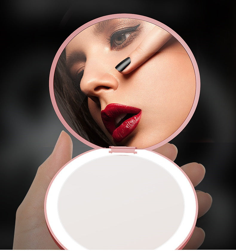 Portable Mini LED Light Makeup Mirror (Round Shape,1 side Light,2X Mirror)
