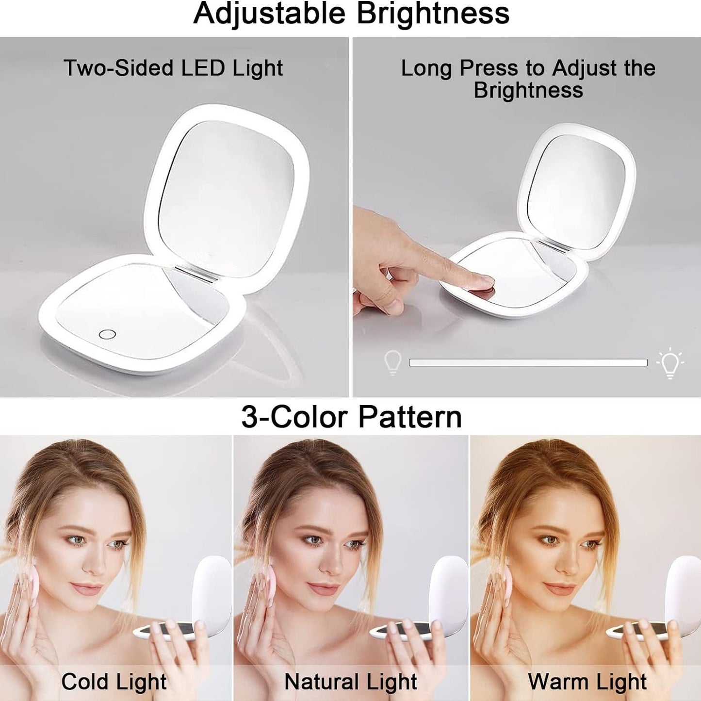 Portable Mini LED Light Makeup Mirror (Square Shape,2 sides Light,3X Mirror)