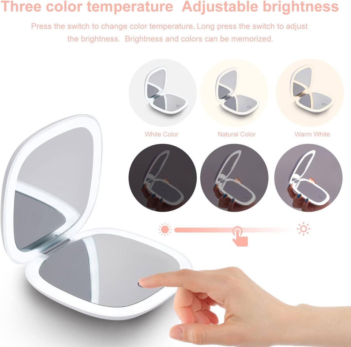 Portable Mini LED Light Makeup Mirror (Square Shape,2 sides Light,3X Mirror)