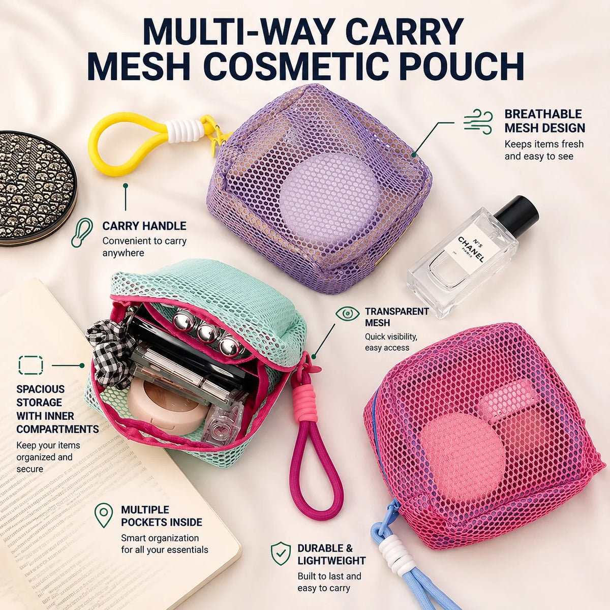 Tofu Mesh Dopamine Bag – Mini Travel Cosmetic & Accessories Organizer